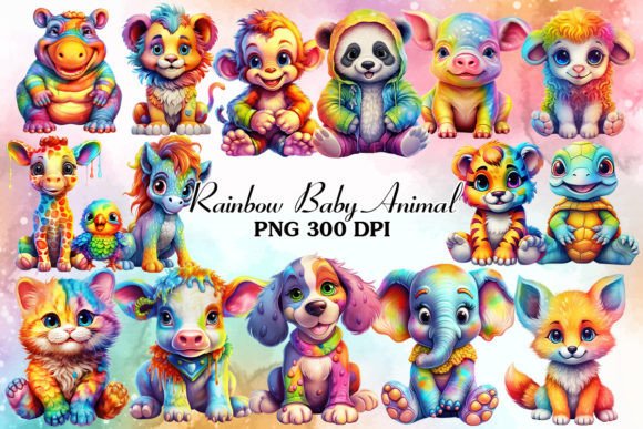 Charming Rainbow Baby Animal Sublimation Clipart for Creators